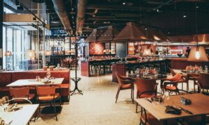 rectangular beige wooden tables and chair