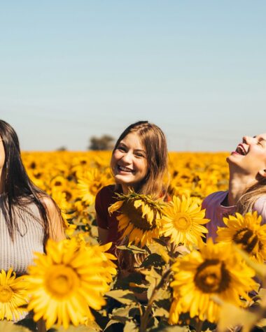 woman in white and black striped shirt standing on yellow sunflower field during daytime